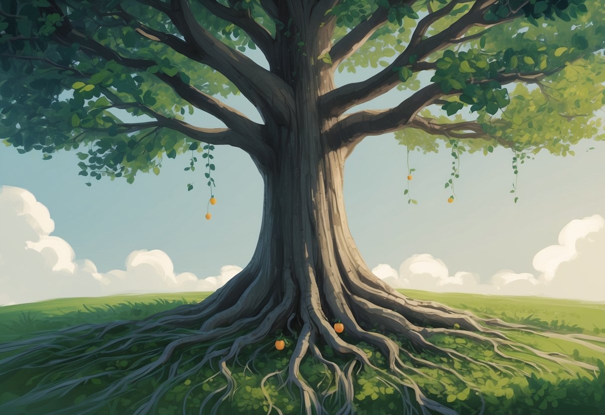 A tree growing tall with roots reaching deep into the earth, while branches extend outwards, bearing fruits and providing shade for the surrounding environment
