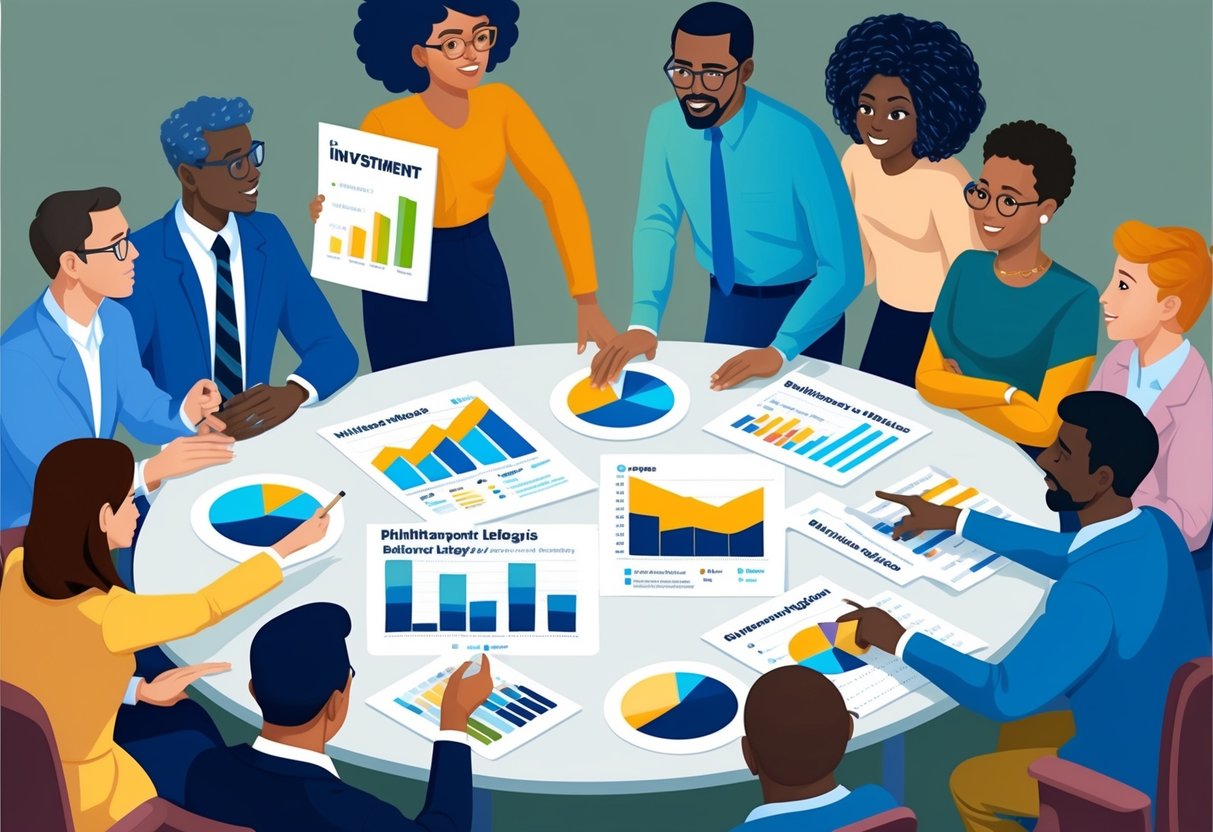 A diverse group of people discussing and brainstorming around a table, with charts and graphs showing different investment strategies for building a philanthropic legacy