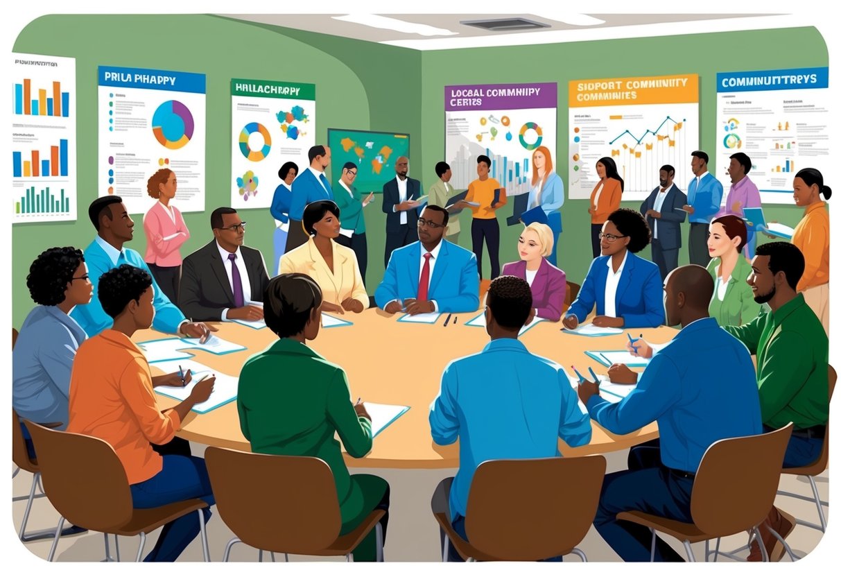 A group of people gather in a community center, discussing ways to support local communities through philanthropy. Charts and graphs are displayed on the walls, and there are tables with papers and pens for note-taking