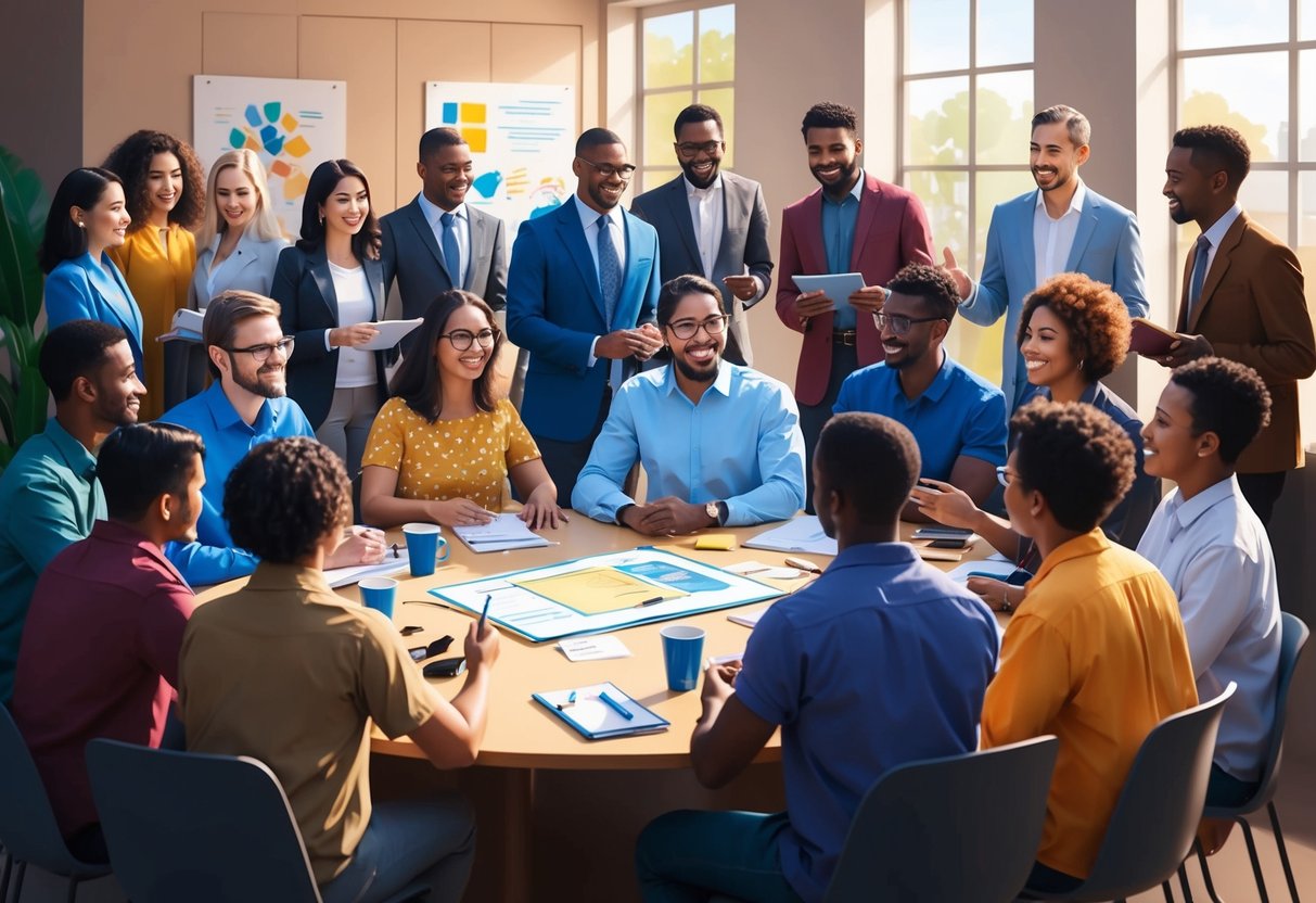A group of diverse individuals gather around a table, discussing and brainstorming ideas for supporting local scholarship programs through philanthropy. A sense of collaboration and community engagement is evident in the scene