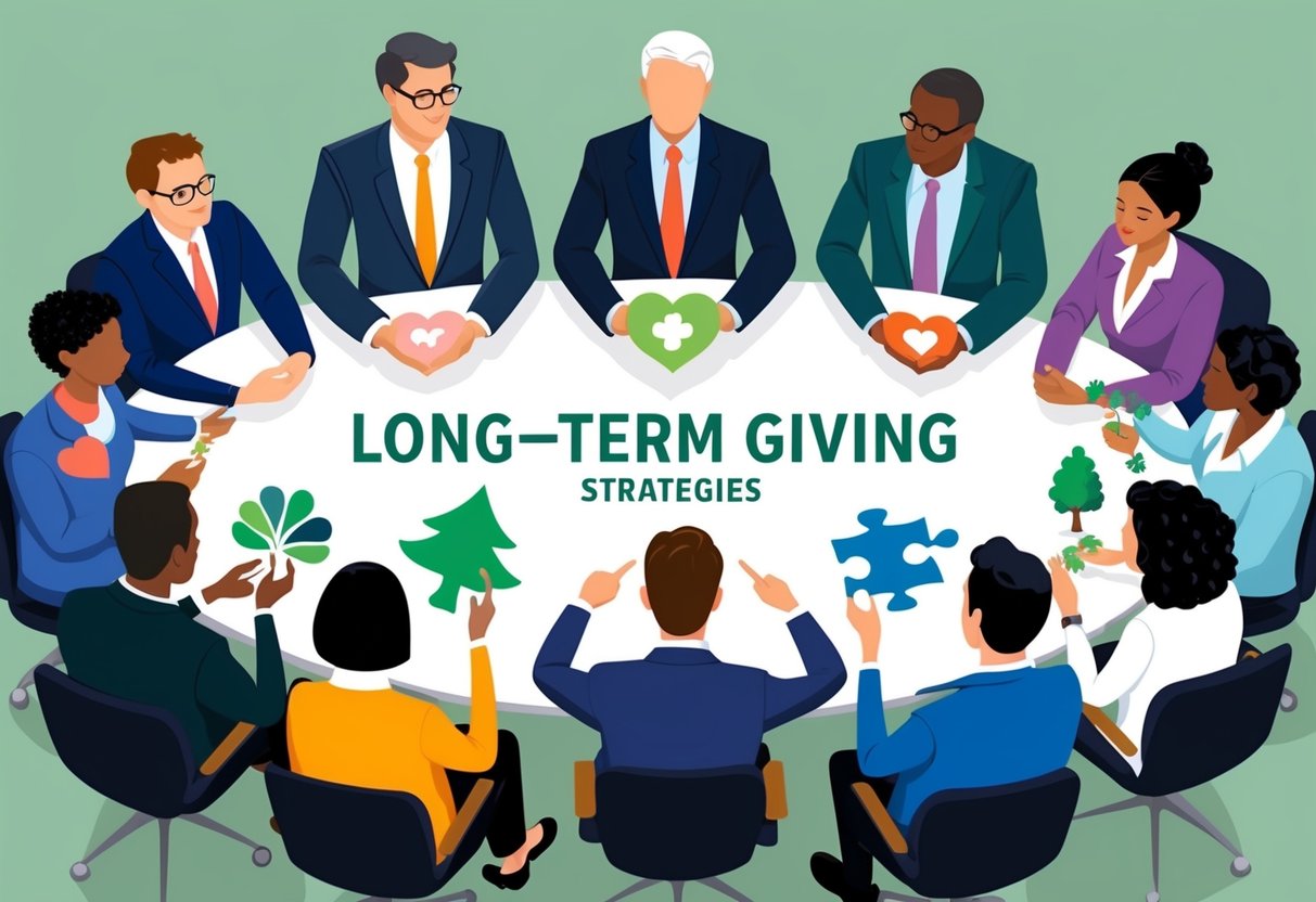 A diverse group of people gather around a table, each holding a symbol of philanthropy (e.g. a heart, a tree, a puzzle piece) while discussing long-term giving strategies