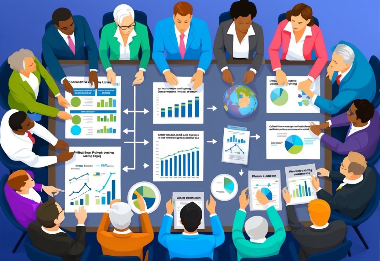 A diverse group of people gather around a table, discussing and planning long-term philanthropic strategies. Charts and graphs are spread out, showing the impact of charitable lead trusts and other planned giving methods