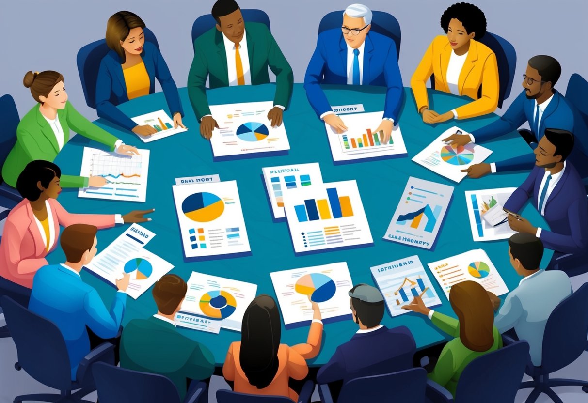 A diverse group of people gather around a table, discussing and brainstorming ways to support local communities through philanthropy. Charts and graphs are spread out, and everyone is engaged in the conversation