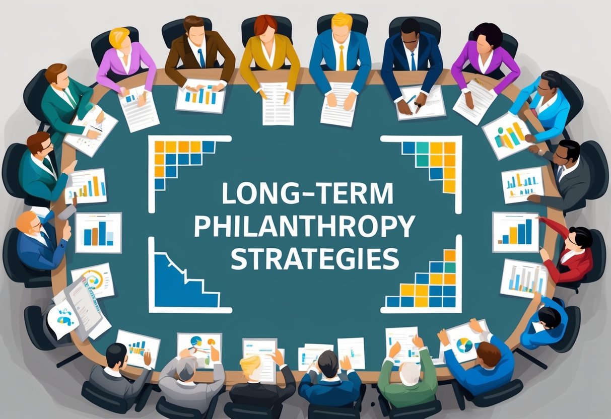 A diverse group of people gather around a large table, discussing and planning long-term philanthropy strategies. Charts and graphs are spread out, indicating the strategic importance of planned giving