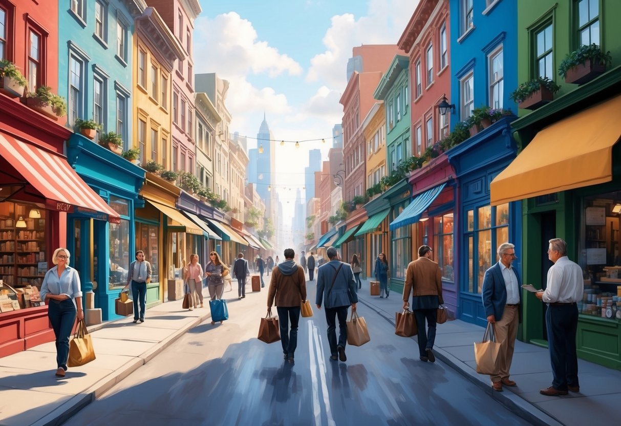 A bustling city street lined with small, colorful storefronts and bustling with activity, with people carrying bags and chatting with local business owners