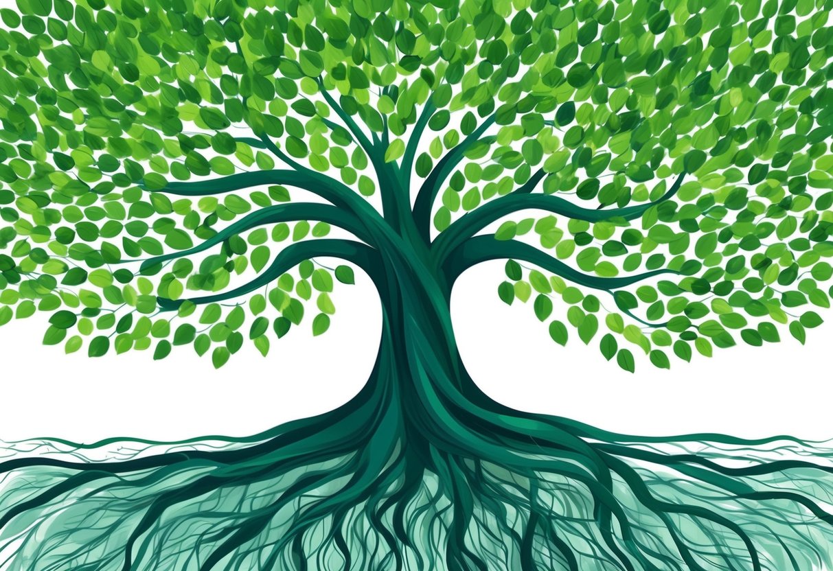 A tree with deep roots and lush green leaves symbolizing long-term philanthropy and organizational sustainability