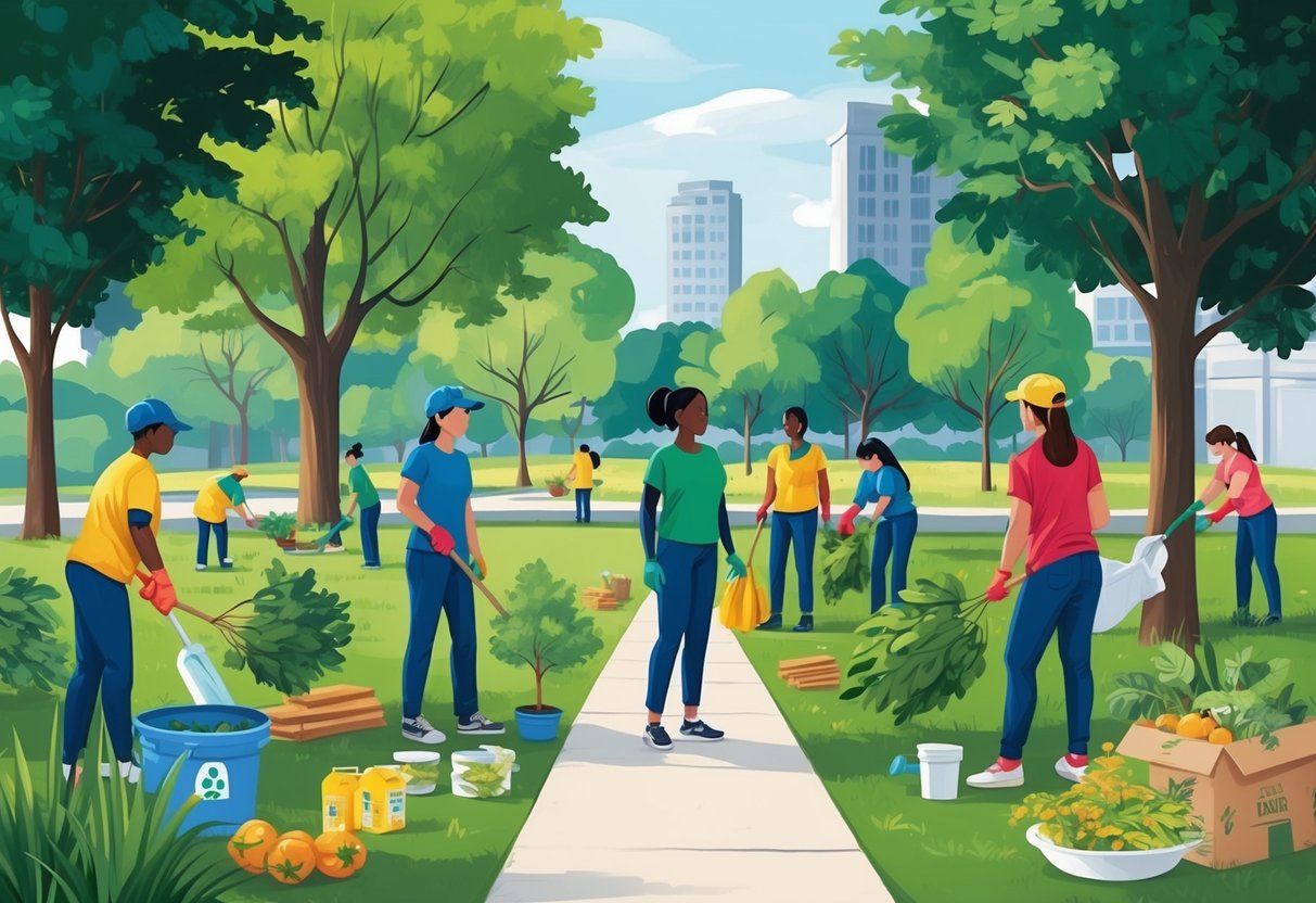 A group of volunteers working together to clean up a local park, plant trees, and distribute food to those in need