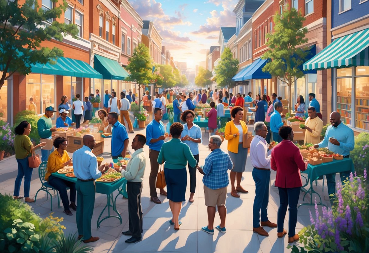 A diverse group of people gather in a vibrant, bustling community setting, engaged in activities that promote growth and support for local businesses, education, and social services