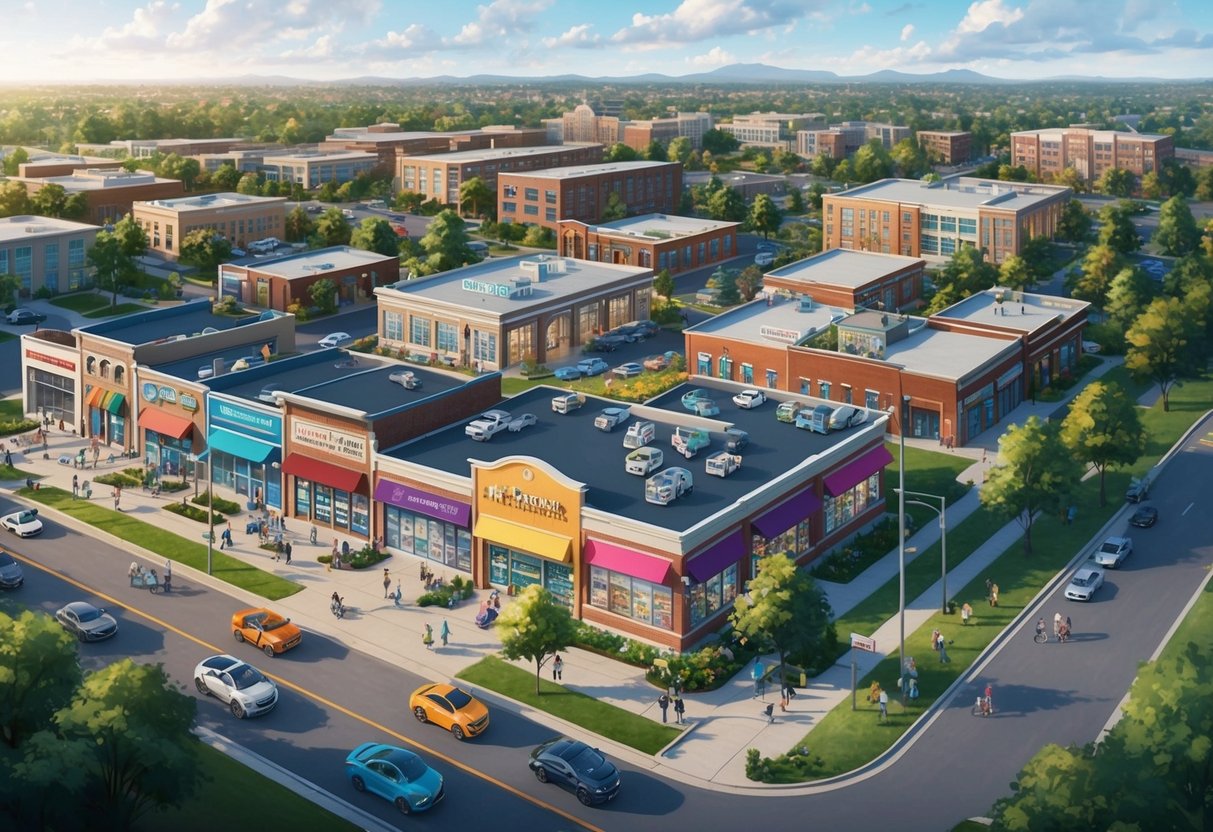 A vibrant neighborhood with diverse businesses, schools, and community centers, surrounded by green spaces and people engaging in various activities