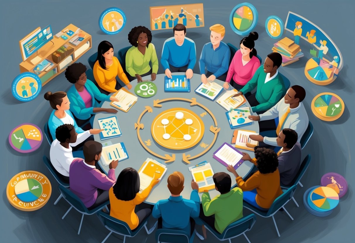A group of people from diverse backgrounds gather in a circle, exchanging ideas and resources, surrounded by symbols of community support and collaboration
