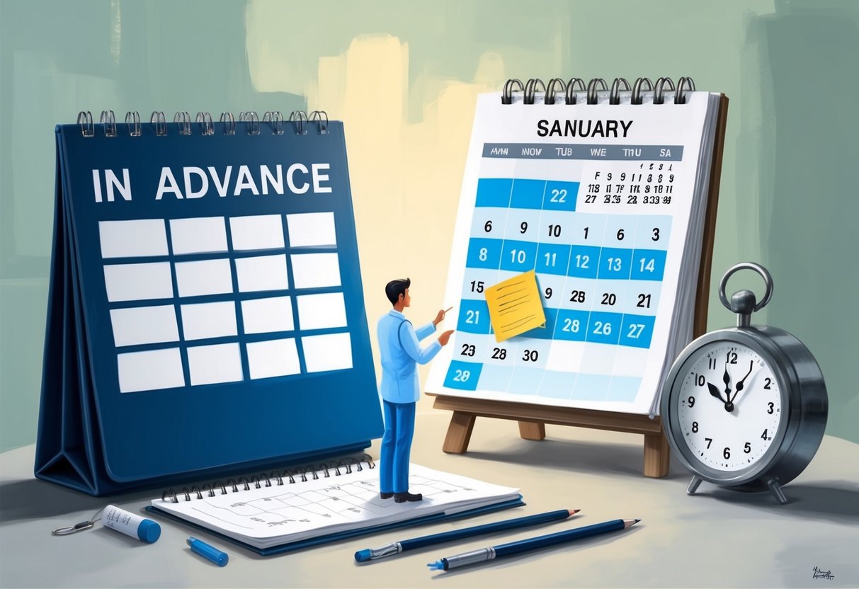 A calendar with dates marked in advance, a person researching healthcare options, and a clock showing the passage of time