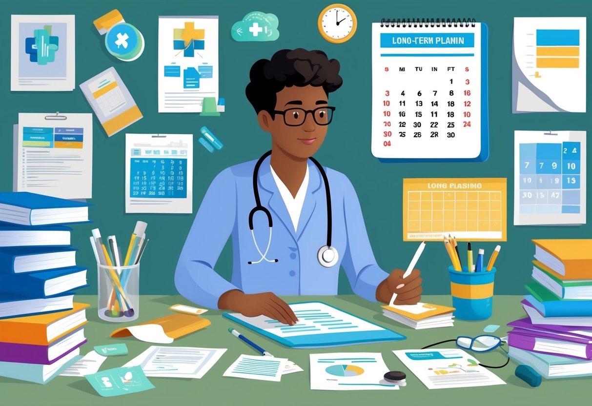 A person researching healthcare options while surrounded by various medical resources and documents, with a calendar showing long-term planning