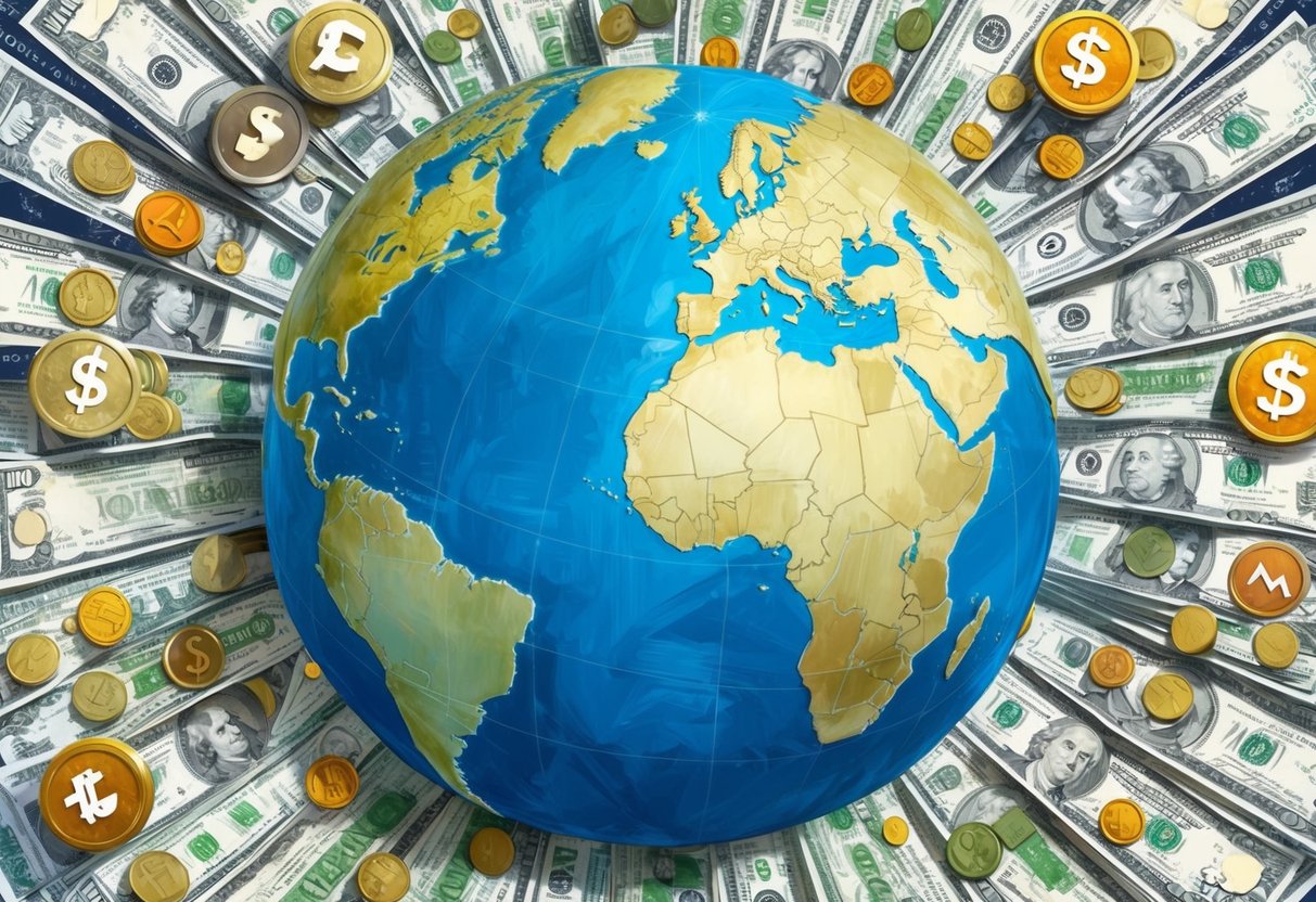 A globe surrounded by various currency symbols and tax forms