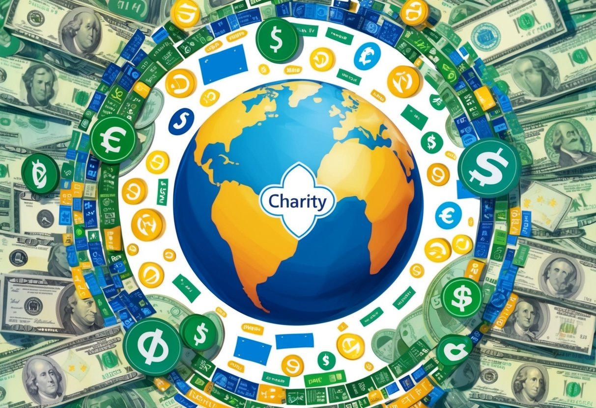A globe surrounded by various currency symbols, with a charity logo in the center