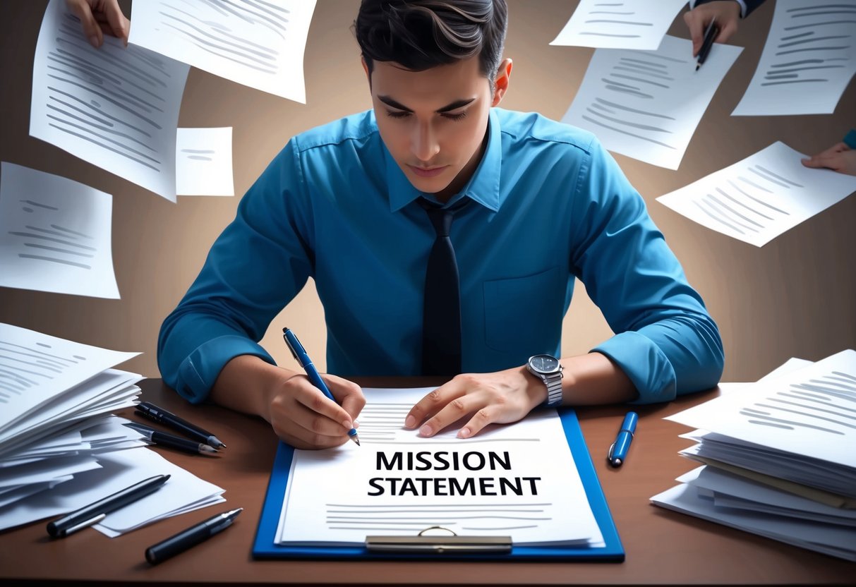 A person writing a mission statement at a desk, surrounded by paper and pens, with a focused expression
