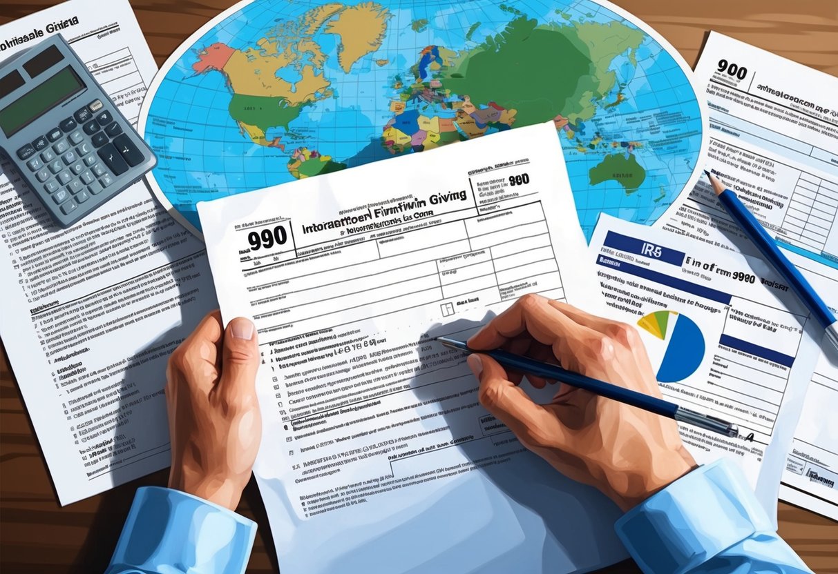A person filling out IRS Form 990 while considering international charitable giving, surrounded by tax documents and a world map