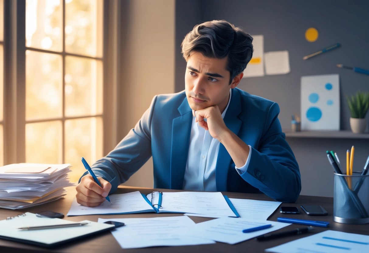 A person sitting at a desk, surrounded by paper and pens, deep in thought while contemplating their core values and writing a mission statement for their legacy plan