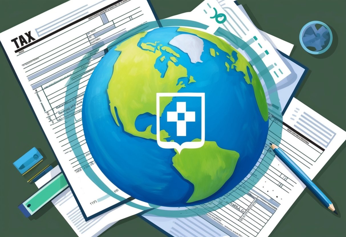 A globe surrounded by two overlapping tax documents, with a charity symbol in the center