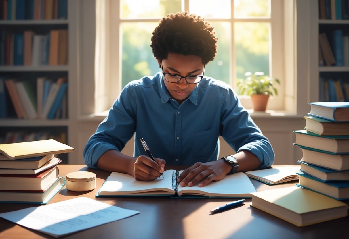 A person sitting at a desk, writing in a notebook with a pen, surrounded by books and papers. The room is filled with natural light, creating a peaceful and focused atmosphere