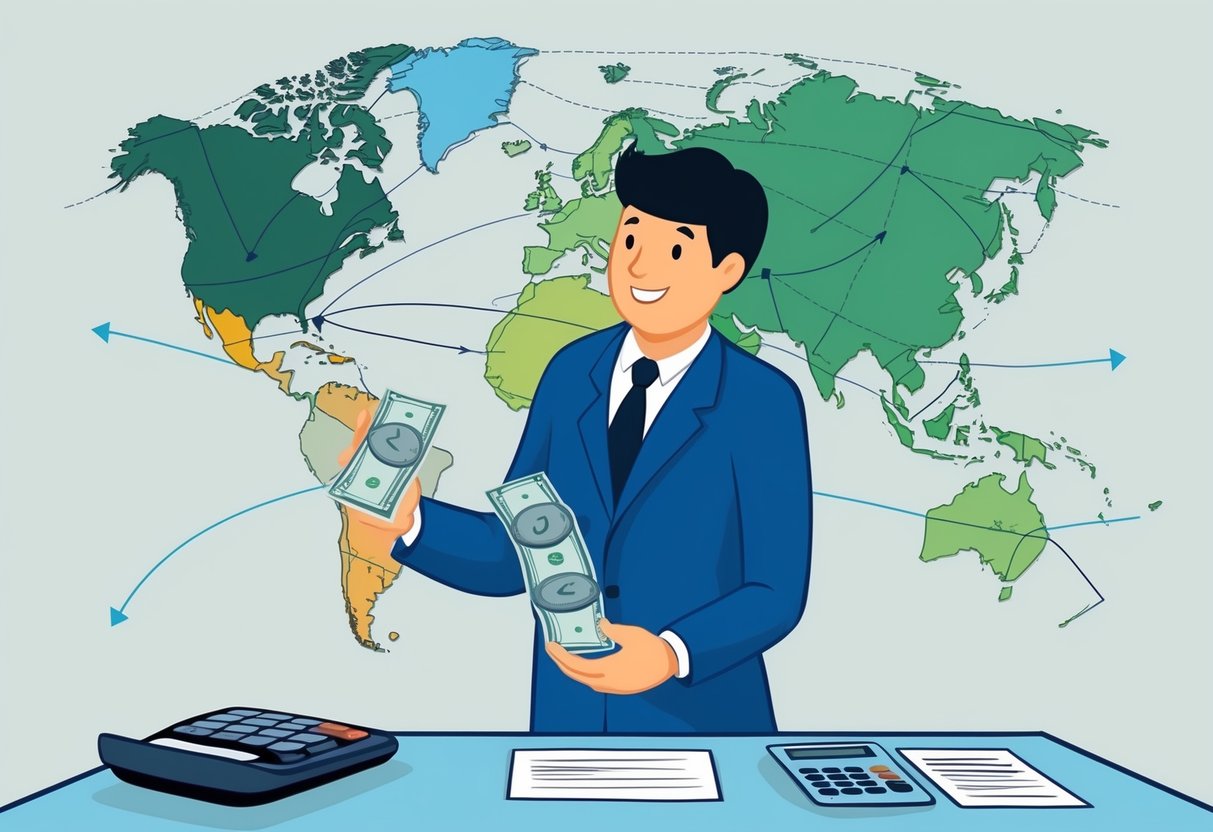 A person donating money to a charity while standing in front of a world map, with arrows and lines connecting different countries and a calculator on the table