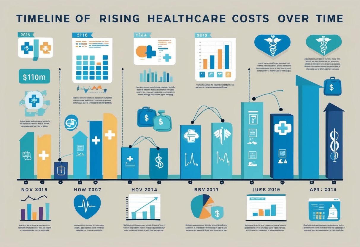 A timeline of medical symbols and graphs showing rising healthcare costs over time