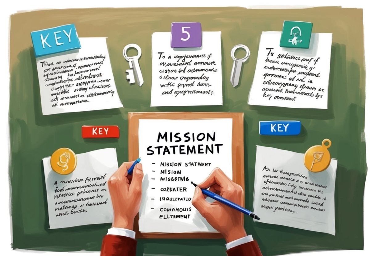 A person writing a mission statement surrounded by five key elements