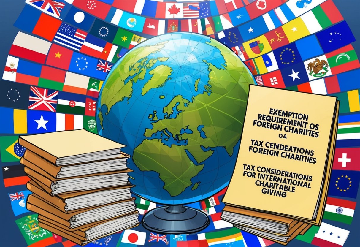 A globe surrounded by various national flags, with a stack of documents labeled "Exemption Requirements for Foreign Charities" and "Tax Considerations for International Charitable Giving" next to it