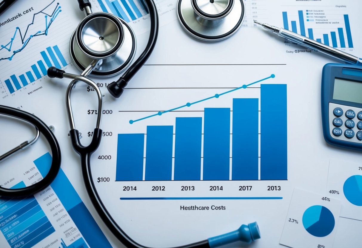 A stethoscope and a line graph of rising healthcare costs, surrounded by medical equipment and data charts