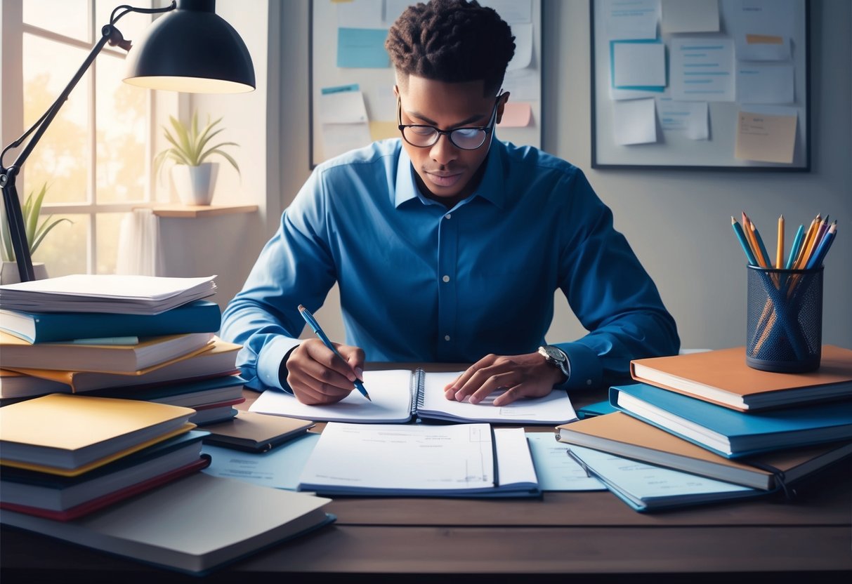 A person sitting at a desk with a pen in hand, surrounded by notebooks and papers, deep in thought as they draft a clear vision statement for their legacy plan