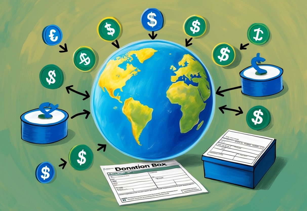 A globe surrounded by various currency symbols, with arrows connecting them to a donation box and a tax form