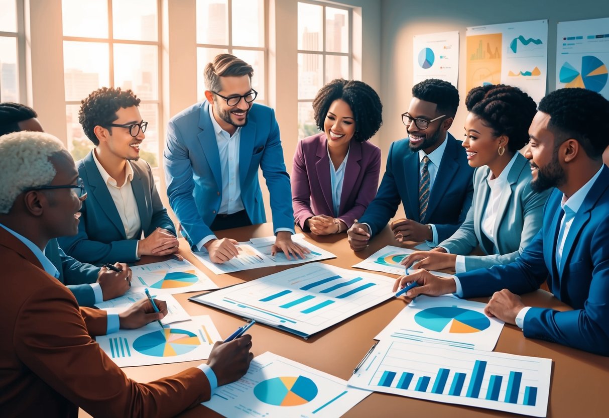 A group of diverse individuals gather around a table, engaged in a lively discussion. Charts and graphs are spread out, as they collaborate on crafting a mission statement for a legacy plan