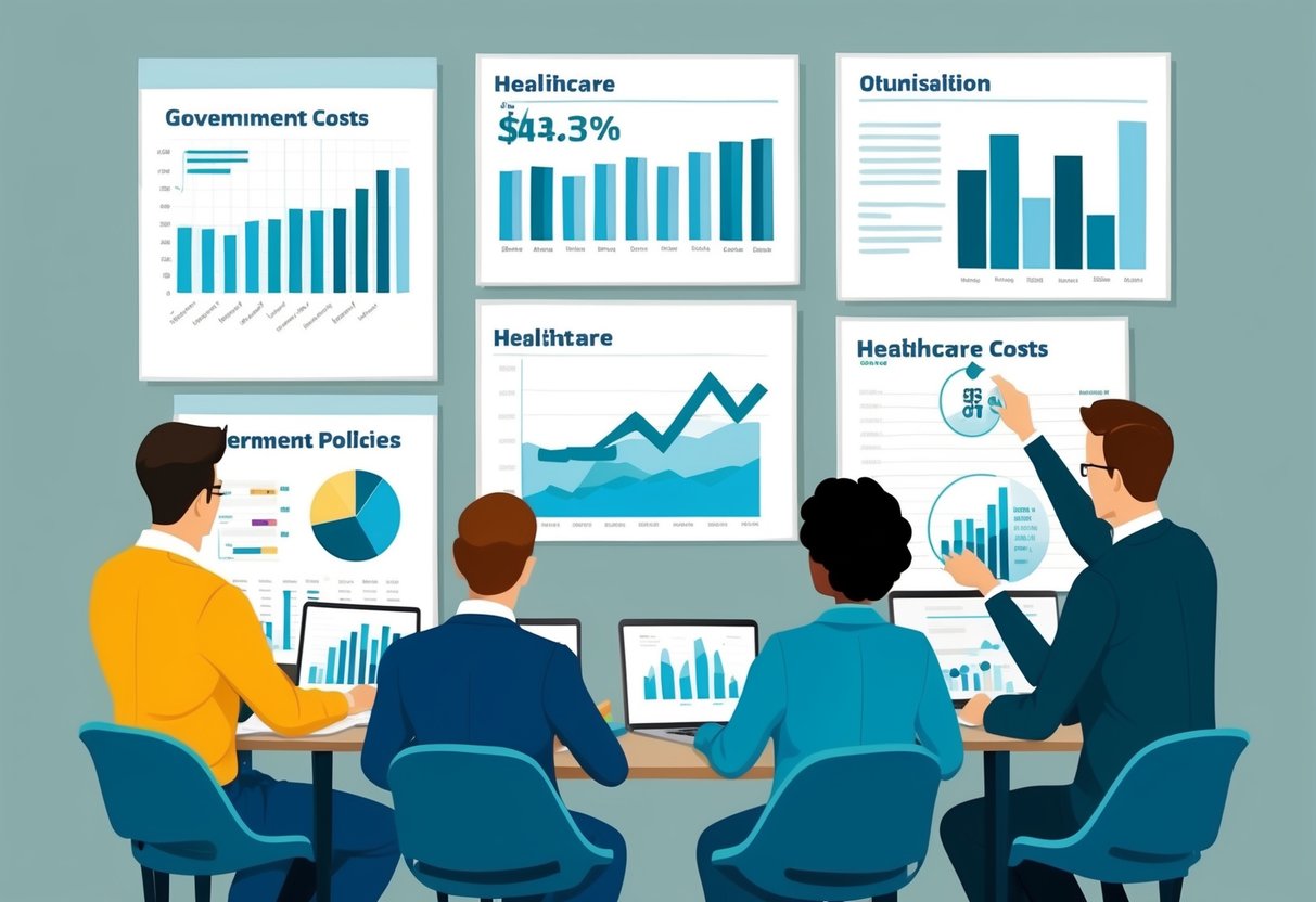 A group of people analyzing data charts and graphs related to healthcare costs and government policies