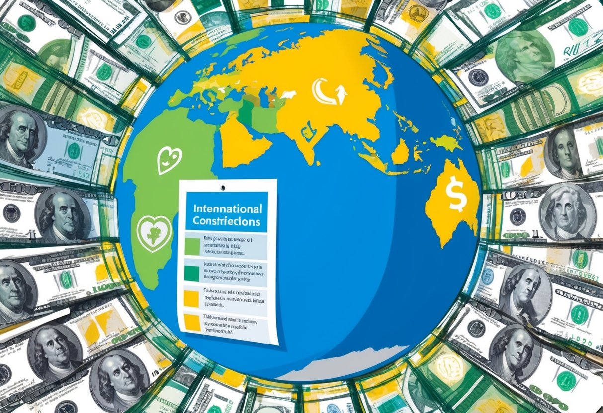 A globe surrounded by various currencies and symbols of charity, with a chart showing tax considerations for international charitable giving