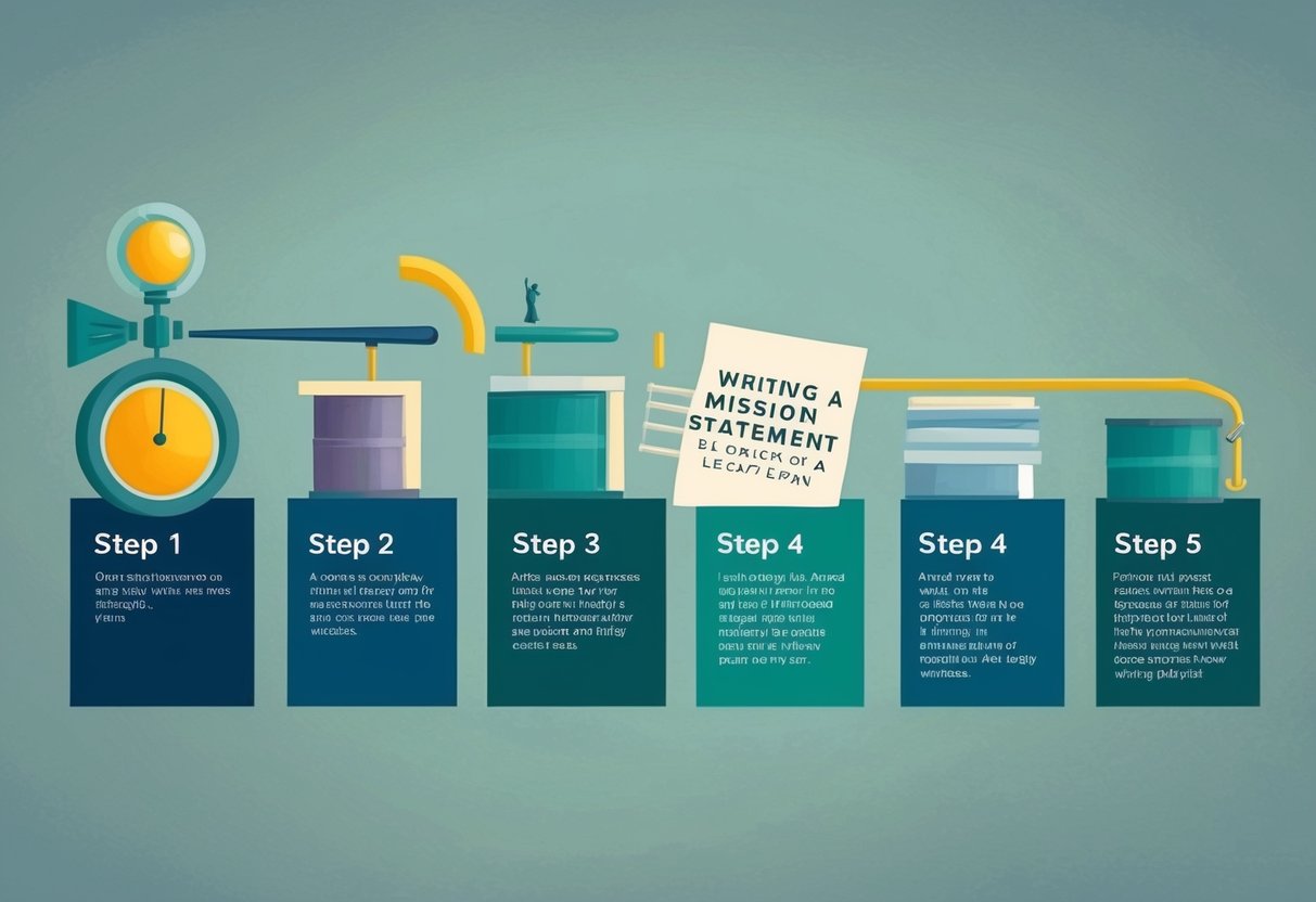 A group of five steps arranged in a linear progression, representing the process of writing a mission statement for a legacy plan
