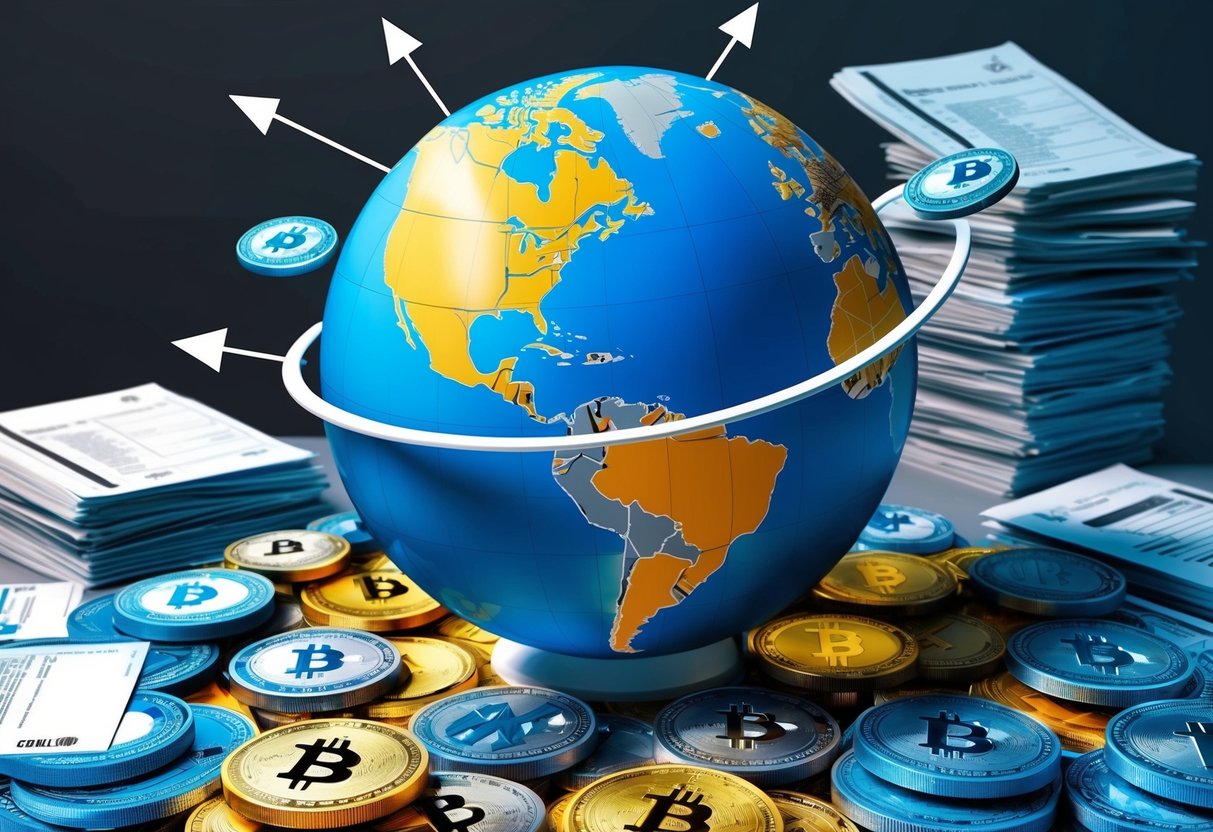 A globe surrounded by various cryptocurrencies, with arrows pointing to different countries, and a stack of tax documents in the background