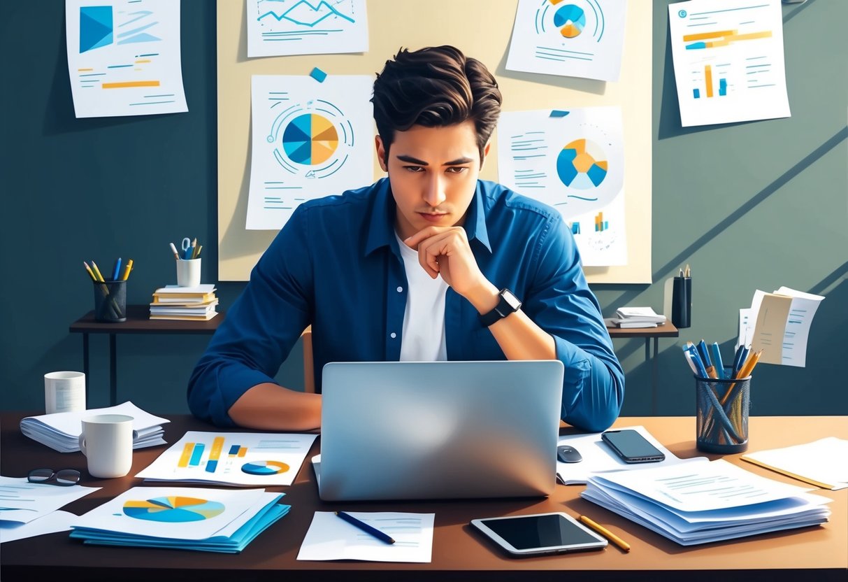 A person sitting at a desk, surrounded by paper, pens, and a laptop, deep in thought while crafting a vision for the future