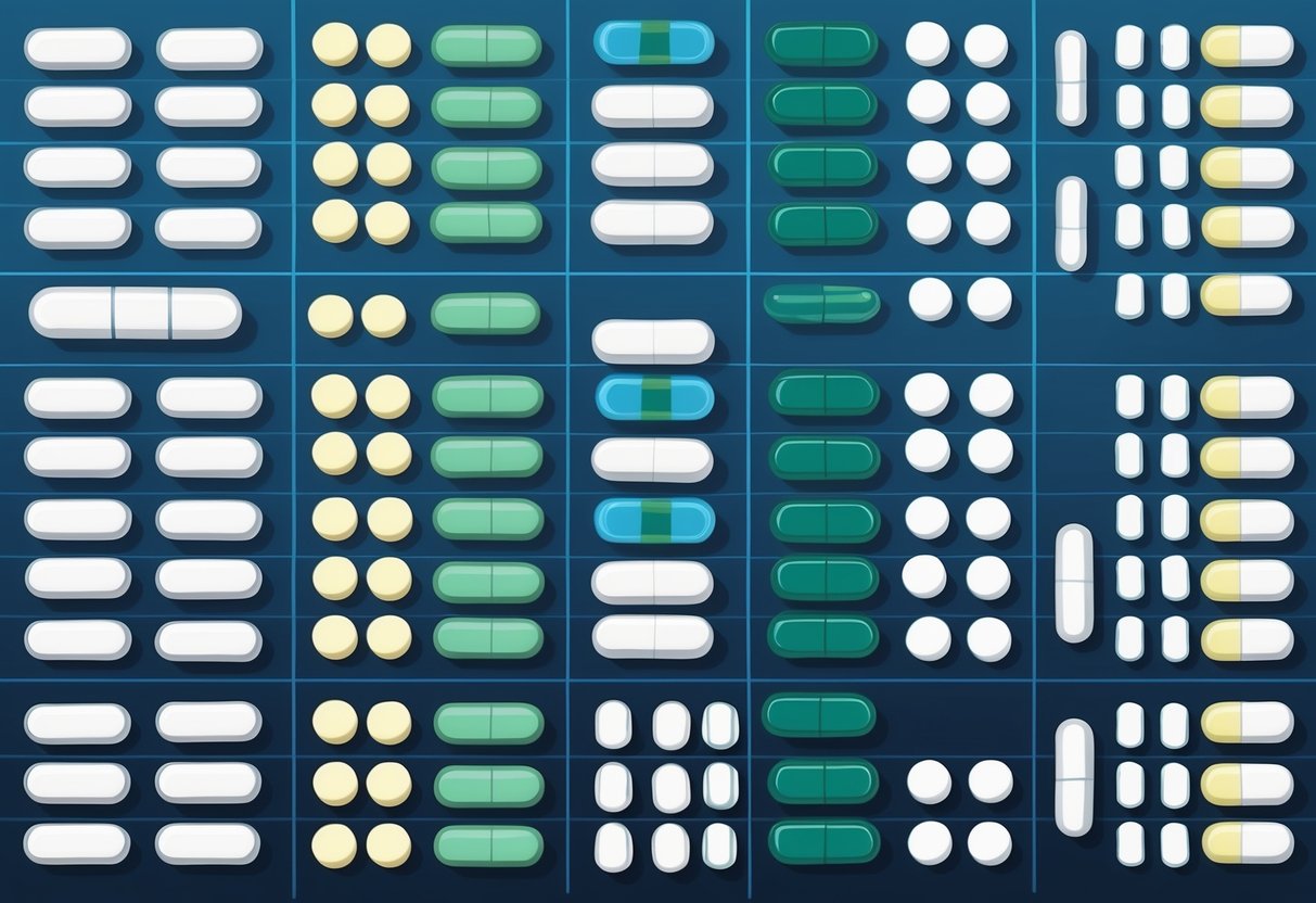 A stack of pharmaceutical pills and capsules arranged in a graph-like pattern, with each row representing a different insight on preparing for healthcare inflation