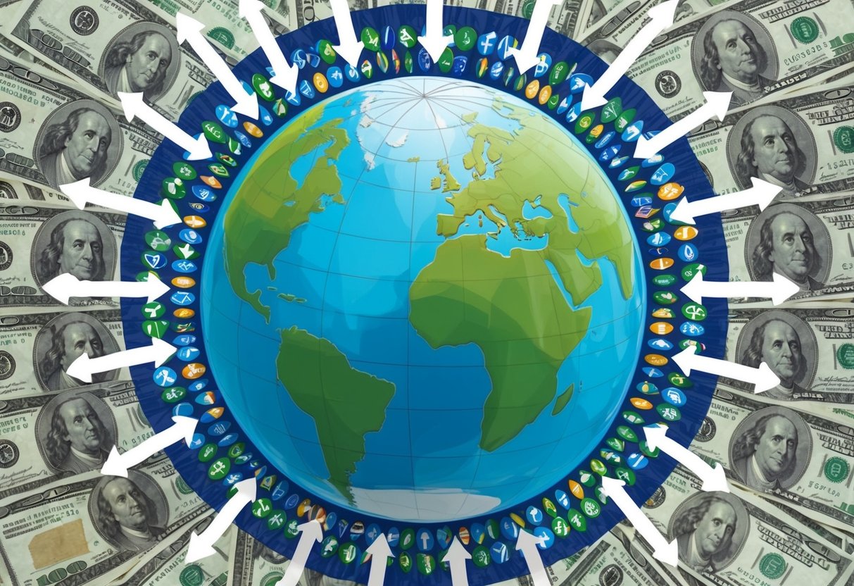 A globe surrounded by various international currency symbols, with arrows pointing from the globe to different charitable causes