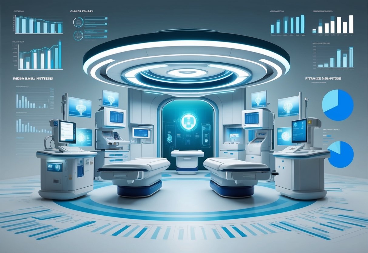 A futuristic medical facility with advanced equipment and technology, surrounded by charts and graphs showing healthcare inflation trends