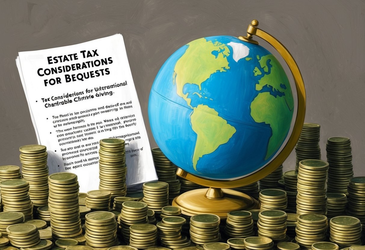 A globe surrounded by stacks of coins and a document labeled "Estate Tax Considerations for Bequests" and "Tax Considerations for International Charitable Giving."