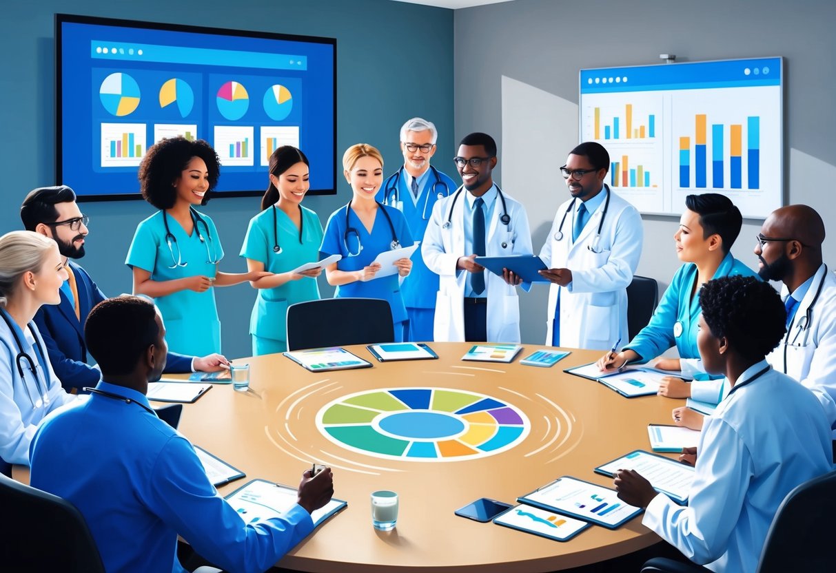 A diverse group of healthcare professionals strategizing around a conference table, with charts and graphs displayed on a screen in the background