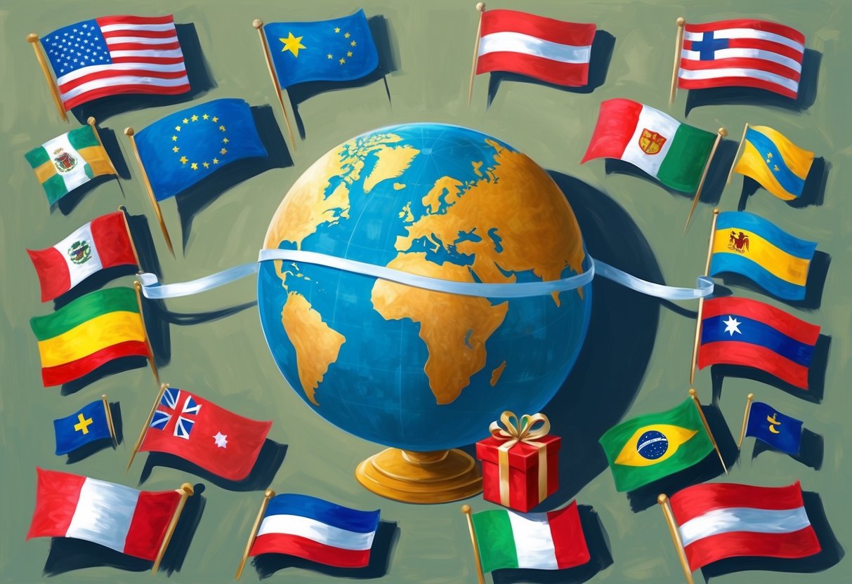 A globe surrounded by various flags, with a ribbon wrapping around it and connecting to a gift box