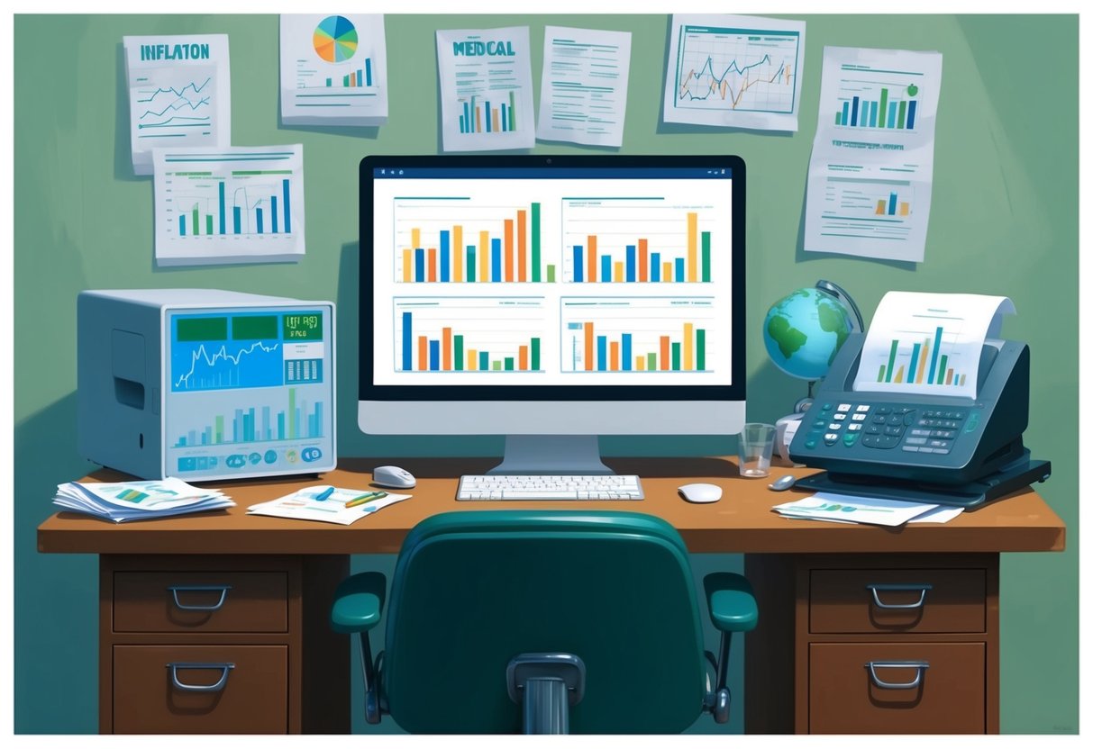 A desk with a computer displaying economic charts, surrounded by medical equipment and inflation-related documents