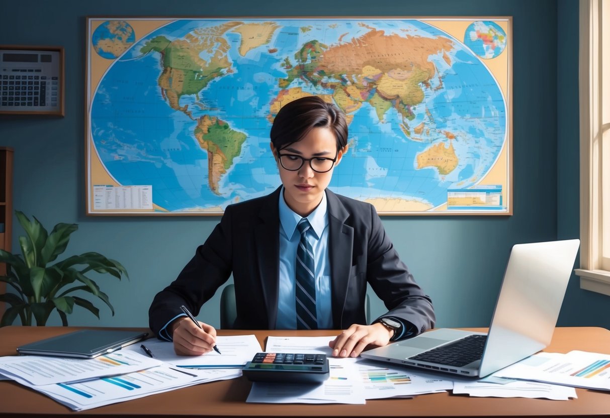 A person sitting at a desk, surrounded by paperwork and a laptop, with a world map on the wall and a calculator on the table