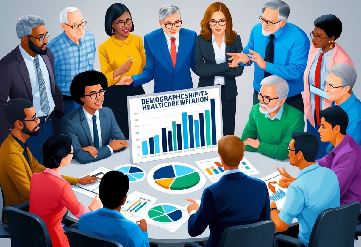 A group of diverse people of various ages and backgrounds gathered around a chart or graph, discussing and analyzing demographic shifts and healthcare inflation