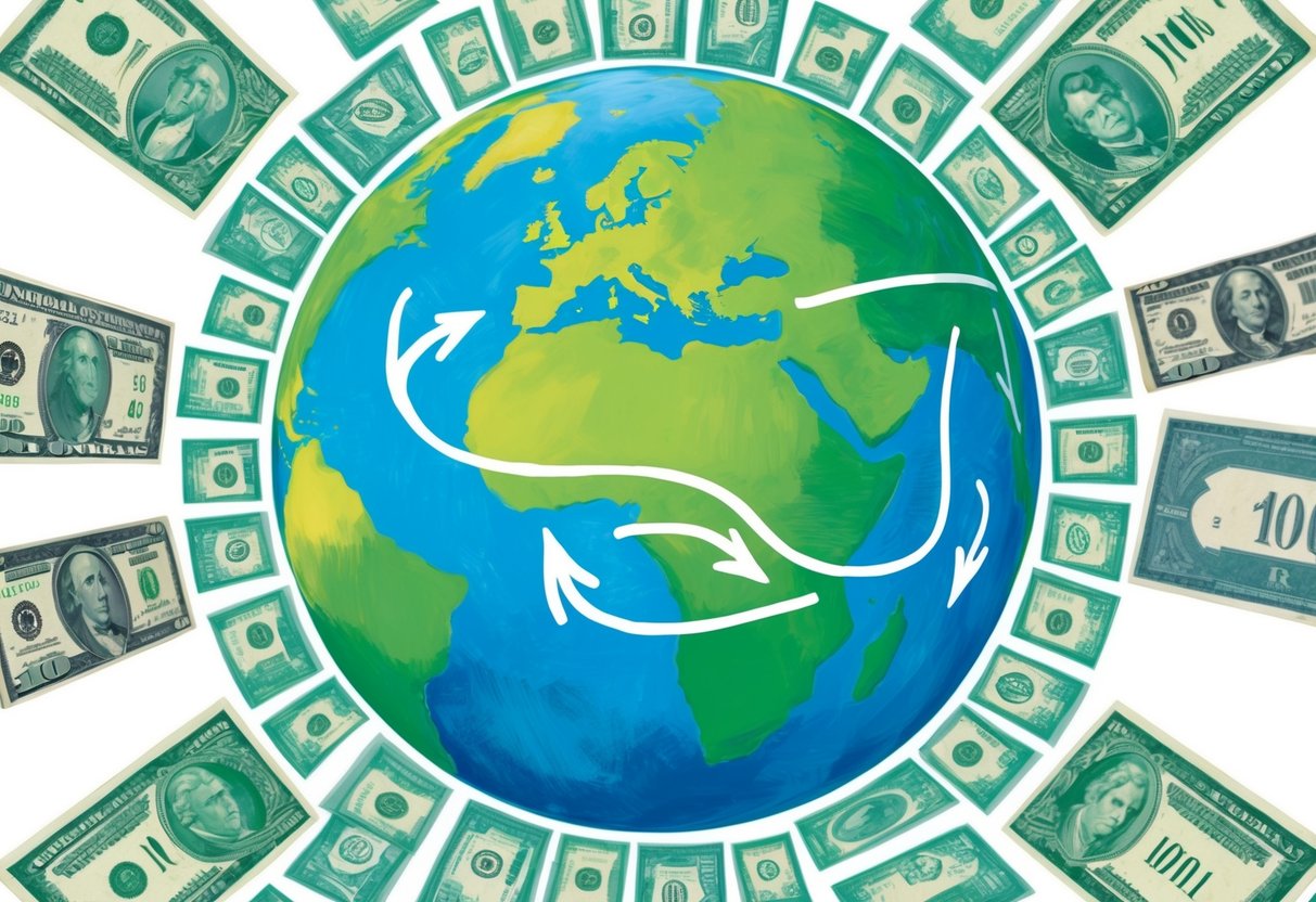A globe surrounded by various currency symbols, with arrows representing international charitable giving flowing between different countries