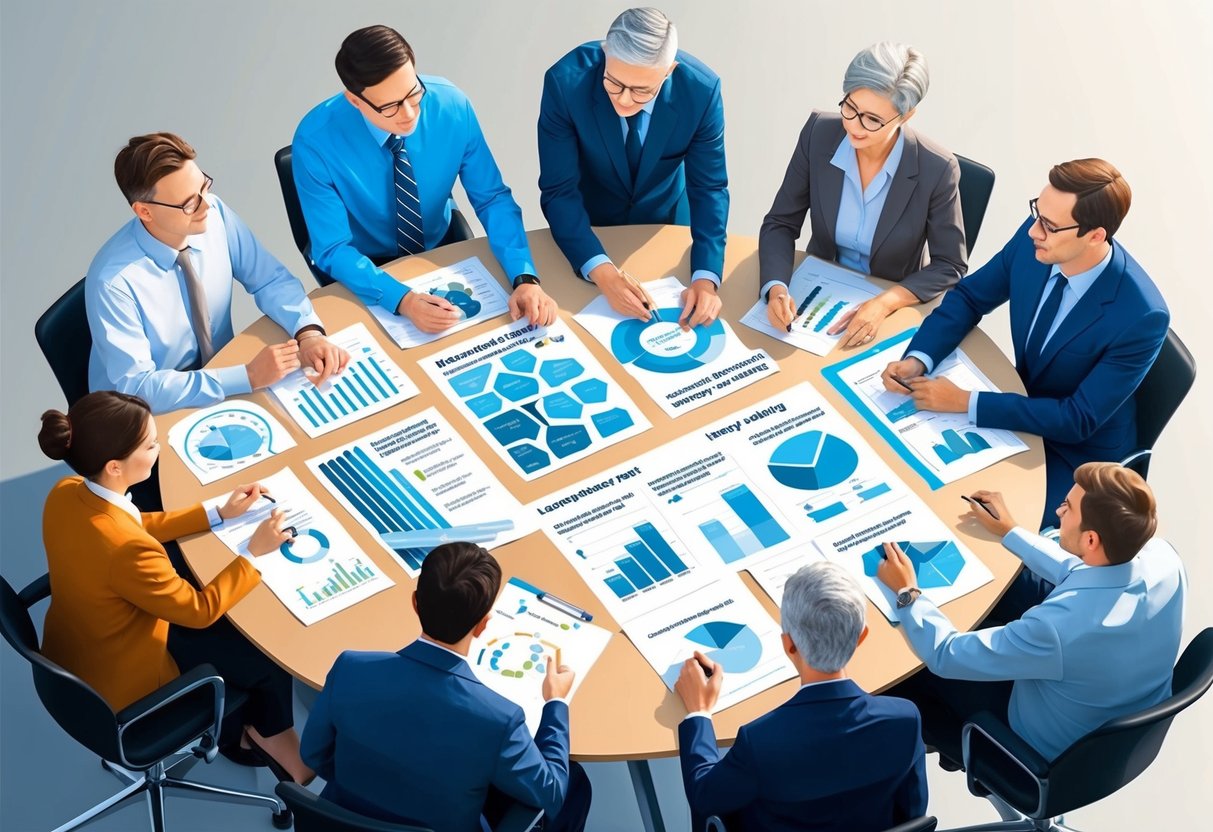 A group of people gather around a table, discussing healthcare initiatives and legacy planning. Charts and graphs are spread out, showing various strategies for supporting health causes