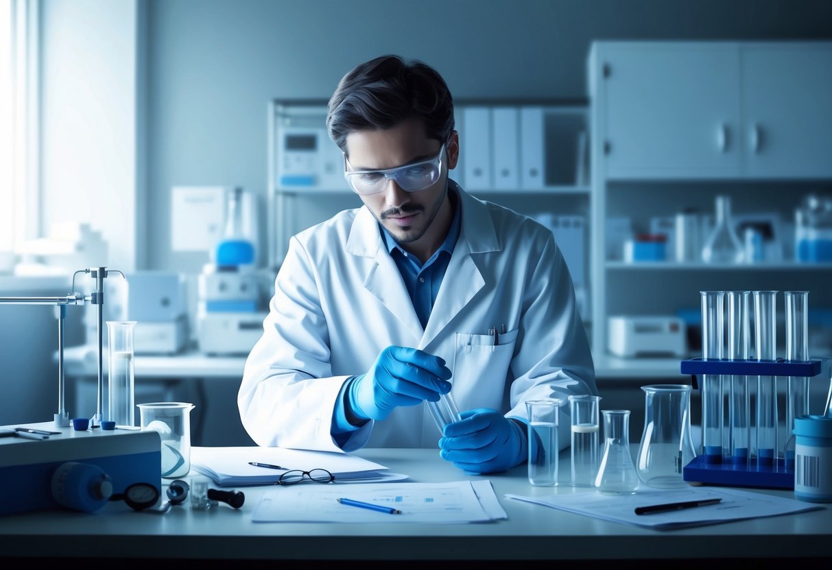 A scientist in a lab coat examines test tubes and beakers, surrounded by medical equipment and research papers