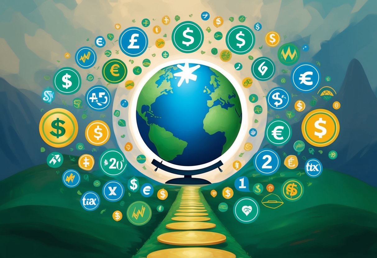 A globe surrounded by various currency symbols and tax-related icons, with a pathway leading to a charity symbol