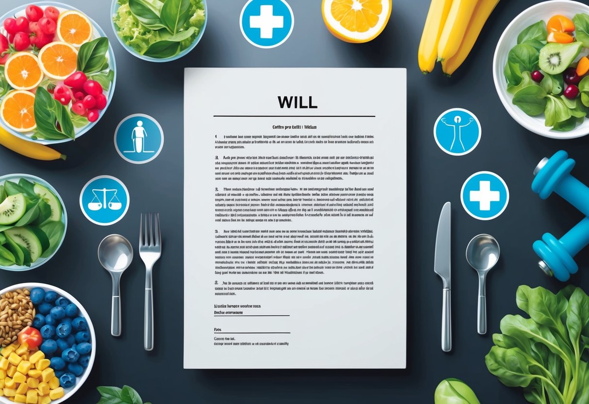 A table with a will document, surrounded by images of healthy foods, exercise equipment, and medical symbols
